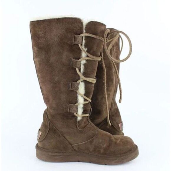UGG Whitley Tall Brown Suede Boots Lace Up Sheepskin Shearling 5122 Womens 8 39 - Picture 1 of 11